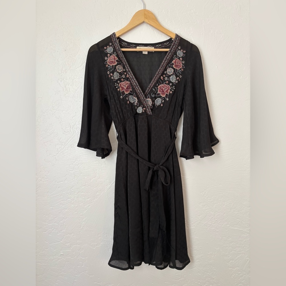 Embroidered Black Dress with Floral Accents